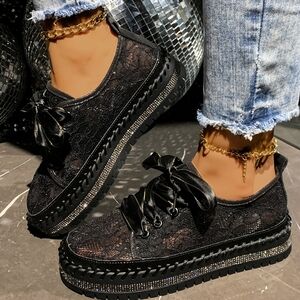 Round Toe Platform Loafers – Chic Lace Mesh & PU Leather Low Heel Slip-Ons BLack